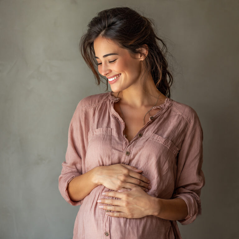 A smiling pregnant woman holding her abdomen lovingly after hearing her baby’s heartbeat for the first time.