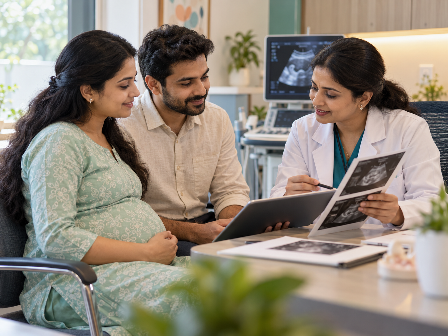 Pregnant woman and partner checking in at a diagnostic clinic reception