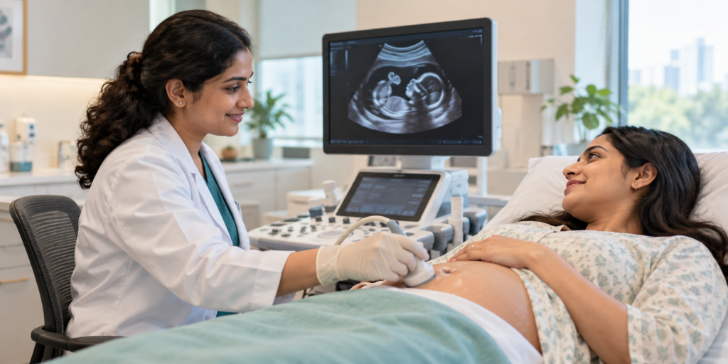 Pregnant woman having an abdominal ultrasound during a pregnancy scan