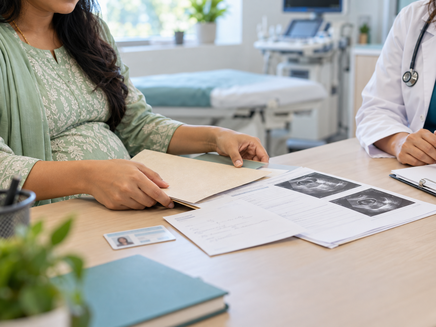Pregnant woman arranging prescription and previous ultrasound reports for her scan