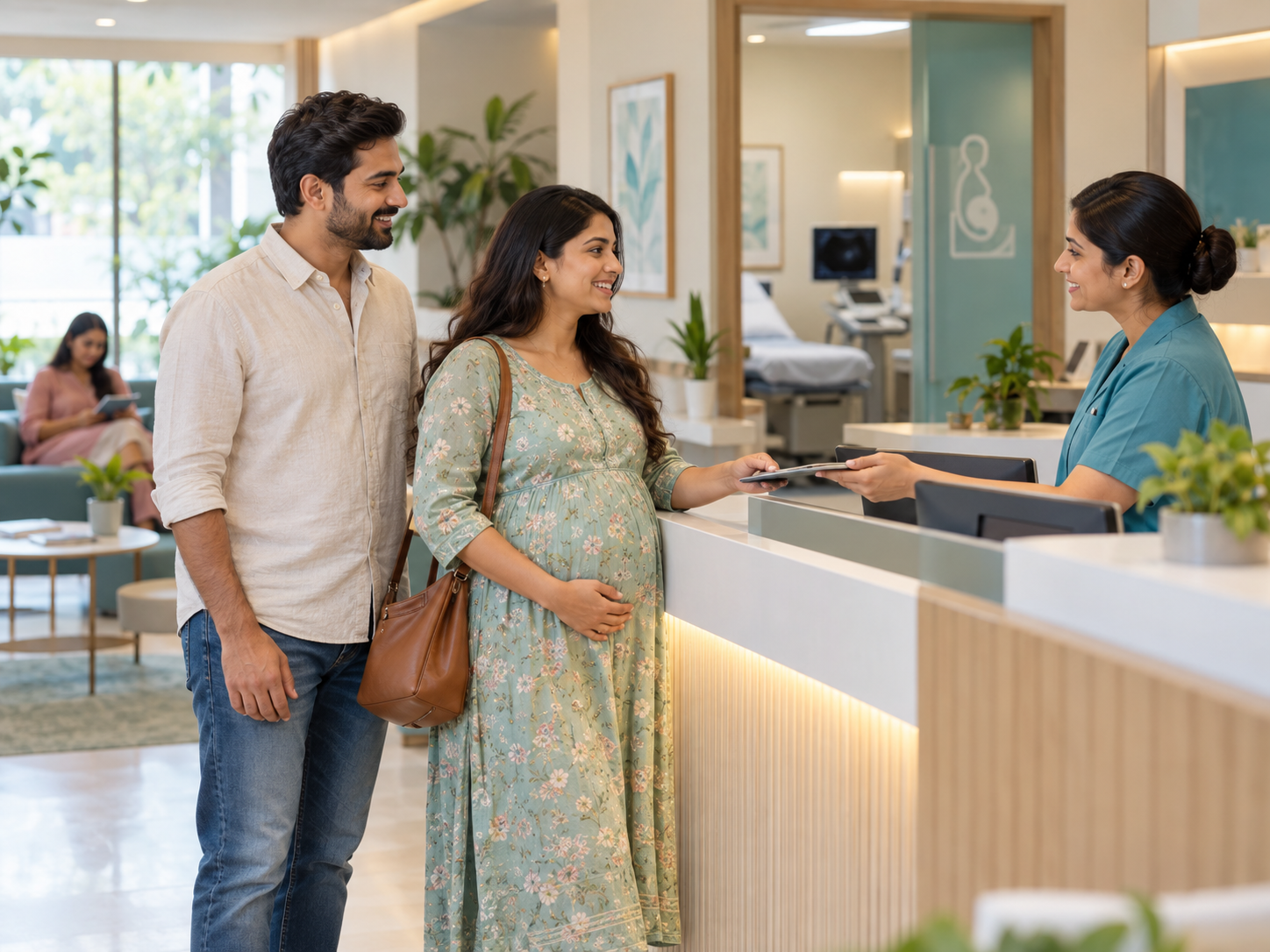 Pregnant couple discussing NT and anomaly scan timing with a radiologist