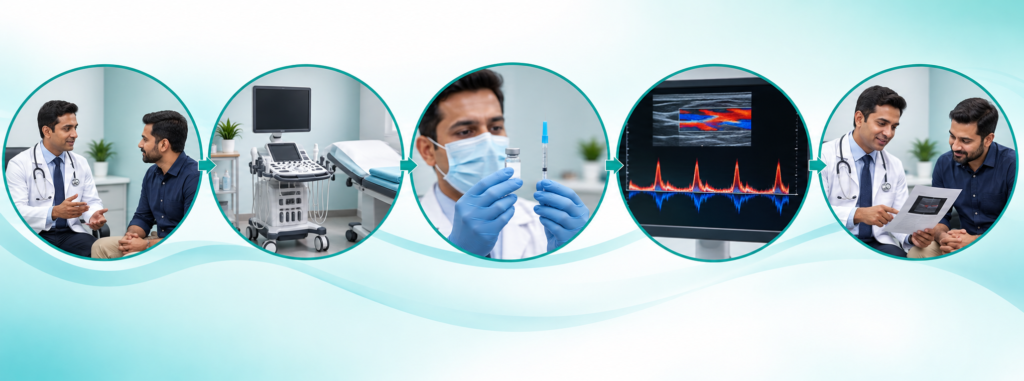 Five stages of a Penile Doppler Test from consultation to results