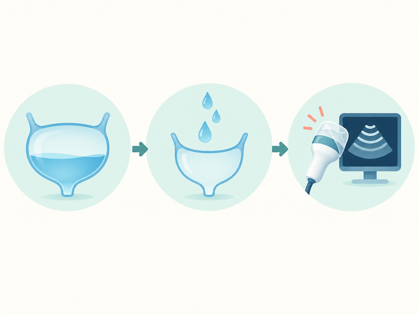 Infographic showing a full bladder emptied before a transvaginal ultrasound