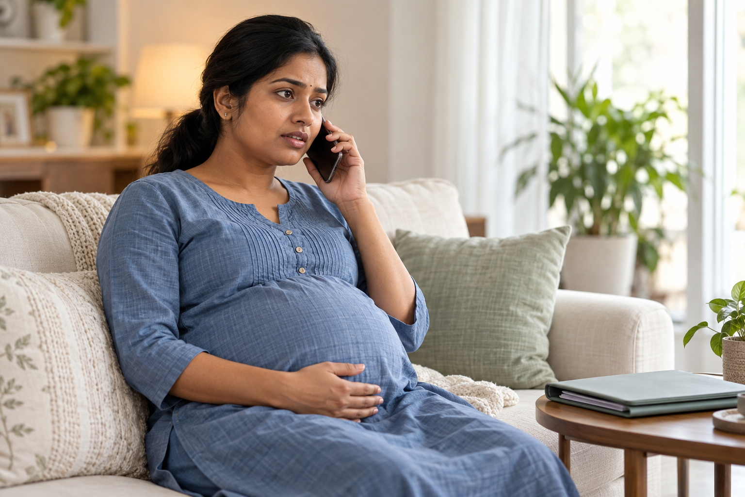 Pregnant woman calling her maternity team while resting a hand on her baby bump.