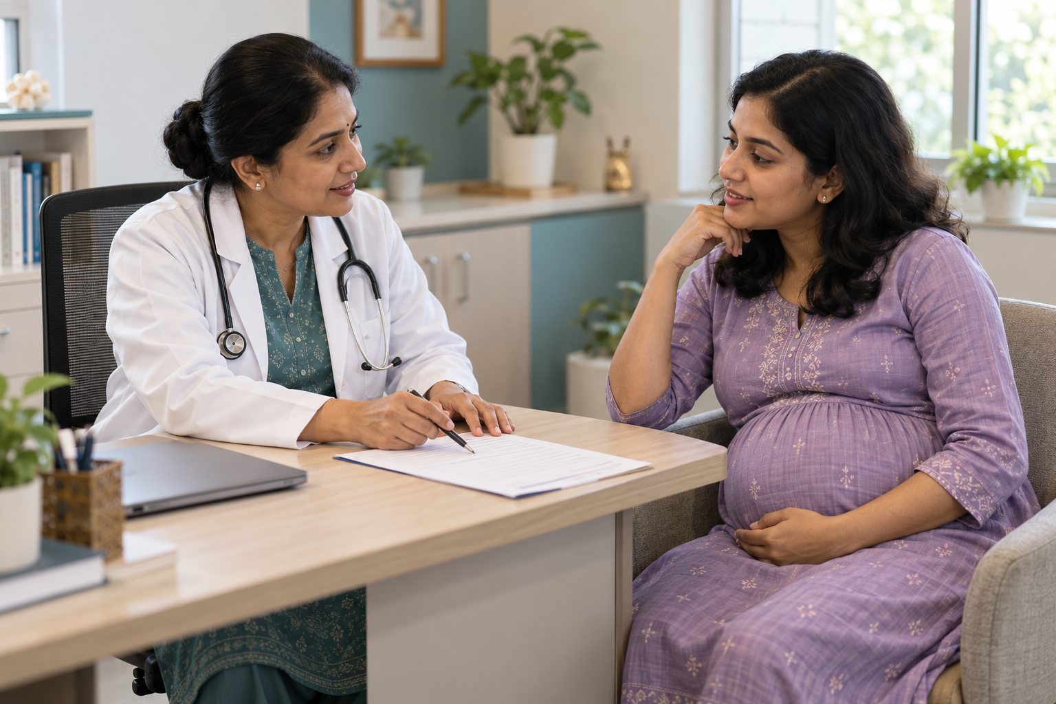 Pregnant woman discussing how to track baby movements with her gynaecologist during an antenatal consultation.