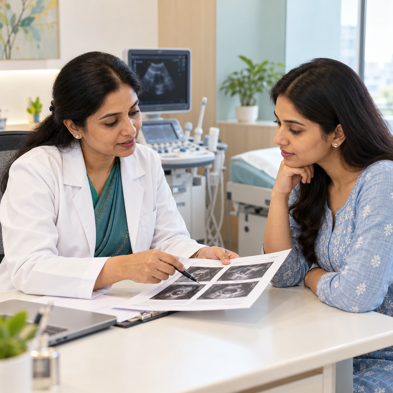 Female doctor reviewing a pelvic ultrasound report with a patient during a consultation.