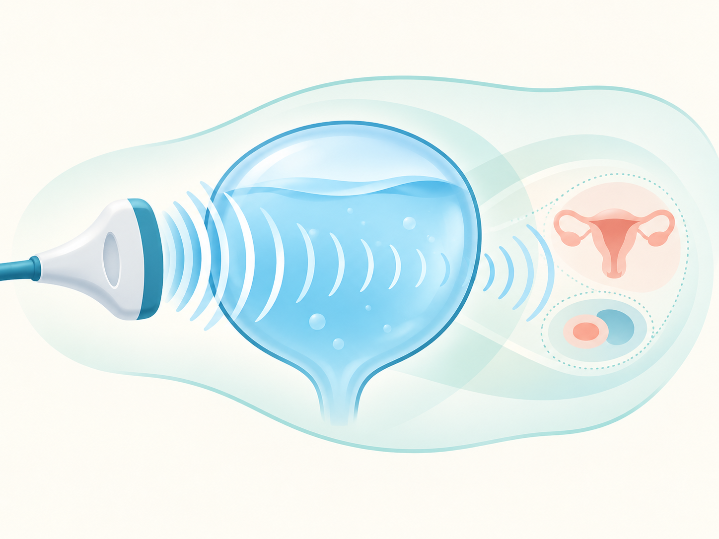 Infographic showing ultrasound waves passing through a full bladder toward pelvic scan symbols