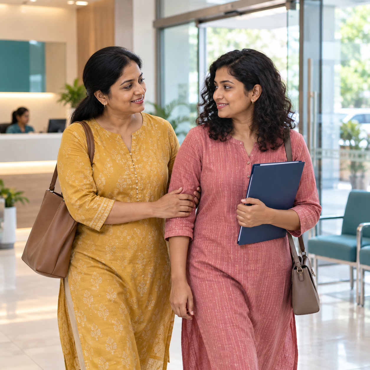 Woman arriving for her HSG appointment with a companion for support.