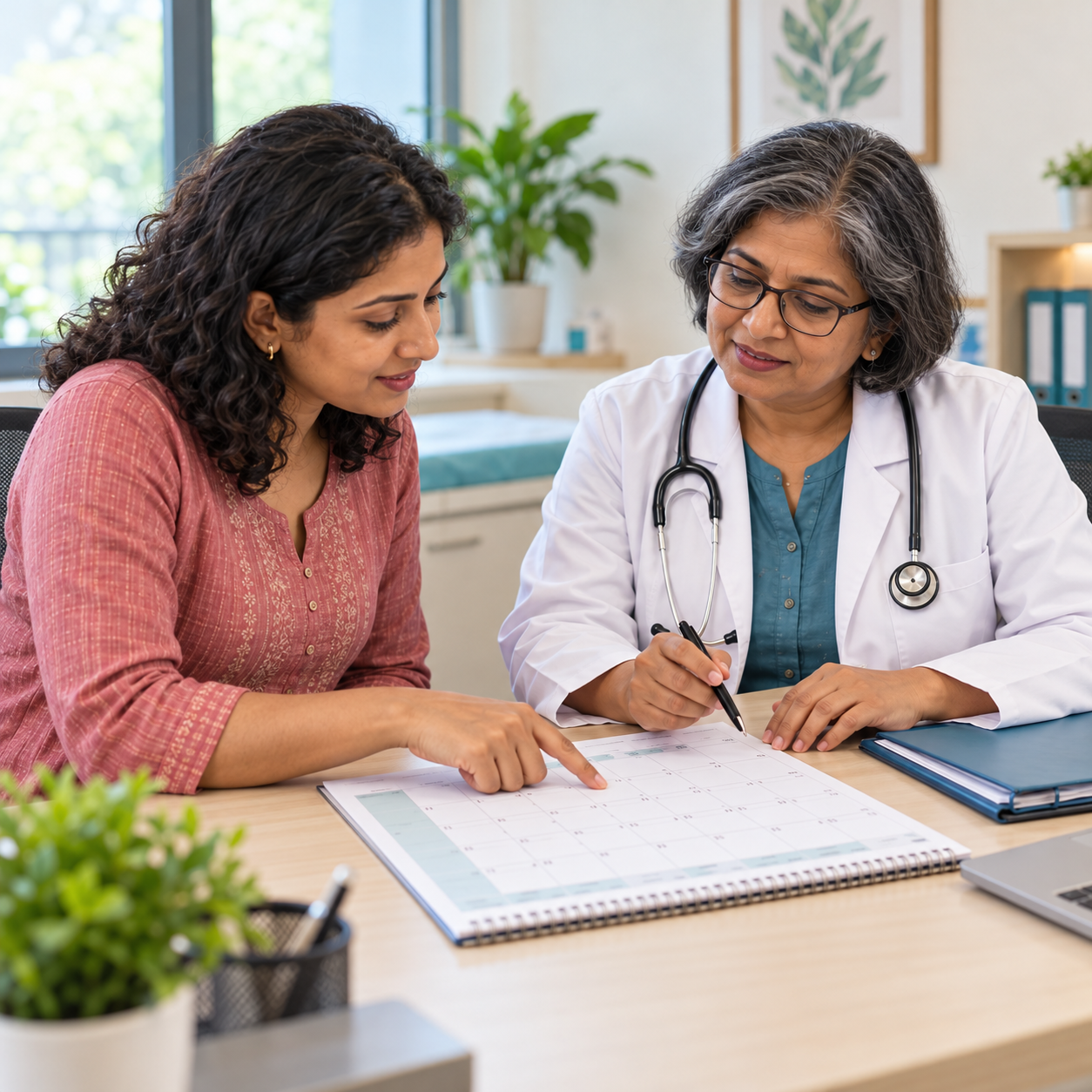 Patient confirming menstrual cycle dates with a doctor for HSG test preparation.