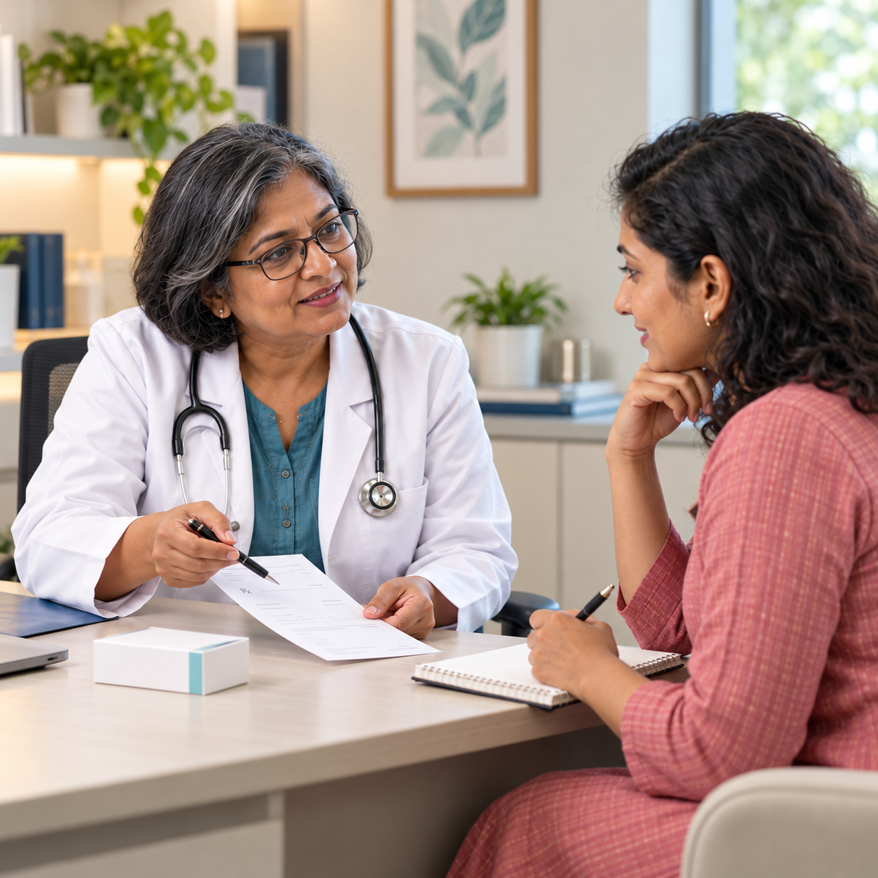 Doctor explaining prescribed medicine instructions to a patient before her HSG test.