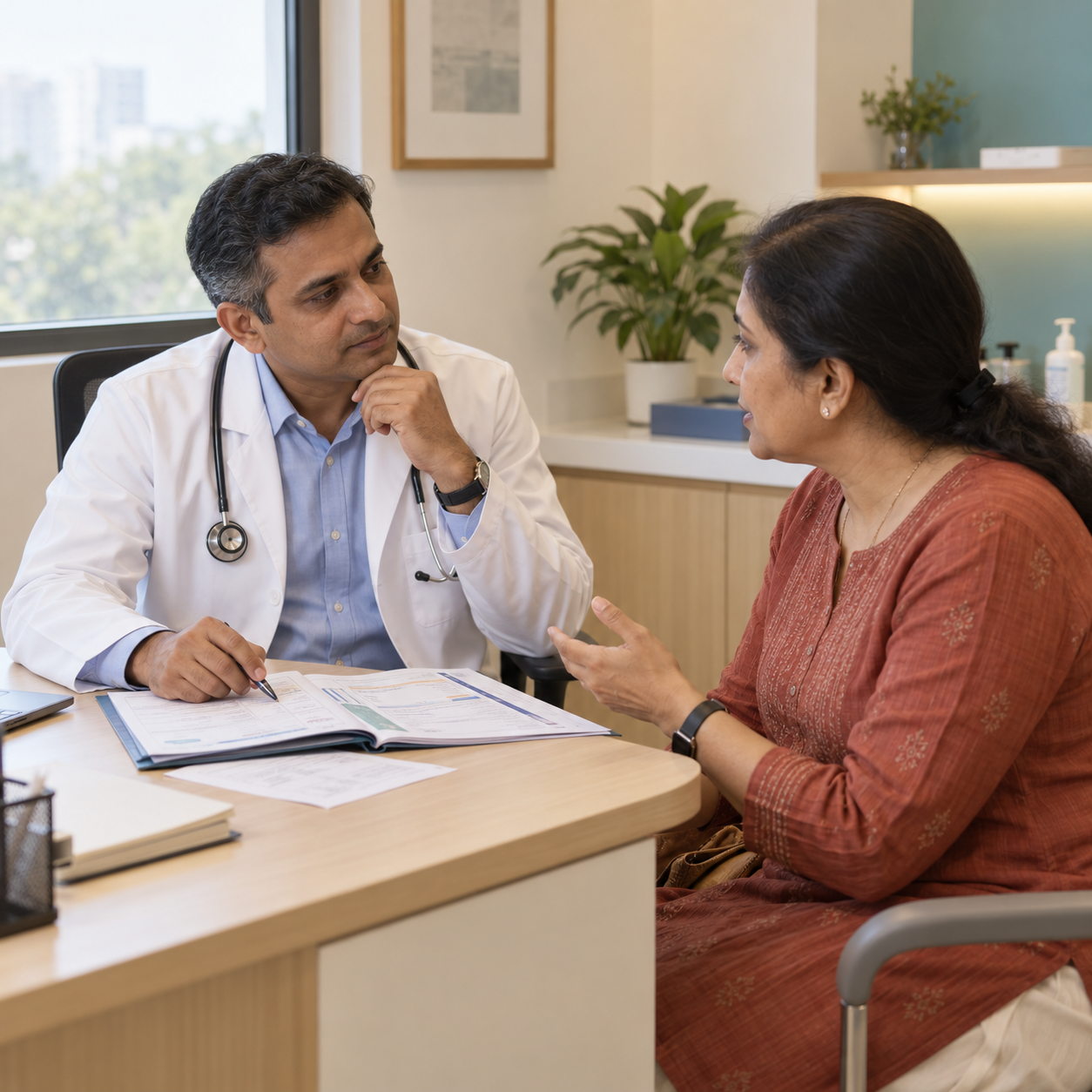 Doctor discussing blood reports and medical history with a patient during a preventive health checkup.