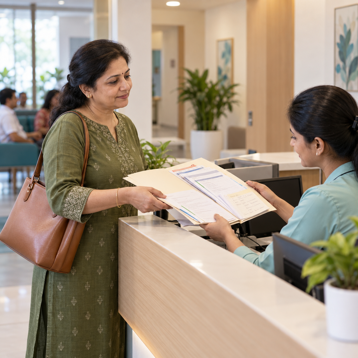 Patient handing previous medical reports and a medicine list to the receptionist before her health checkup.