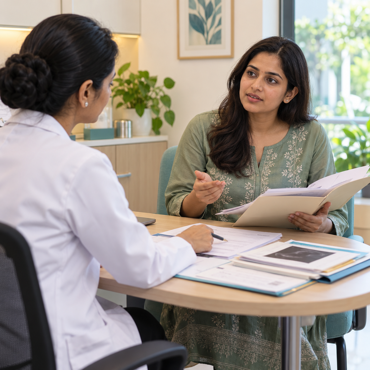 Patient reviewing her referral and previous reports with a gynaecologist before tubal testing.
