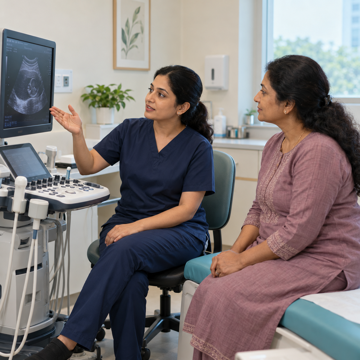 Radiologist explaining an ultrasound examination to a patient during a health assessment.