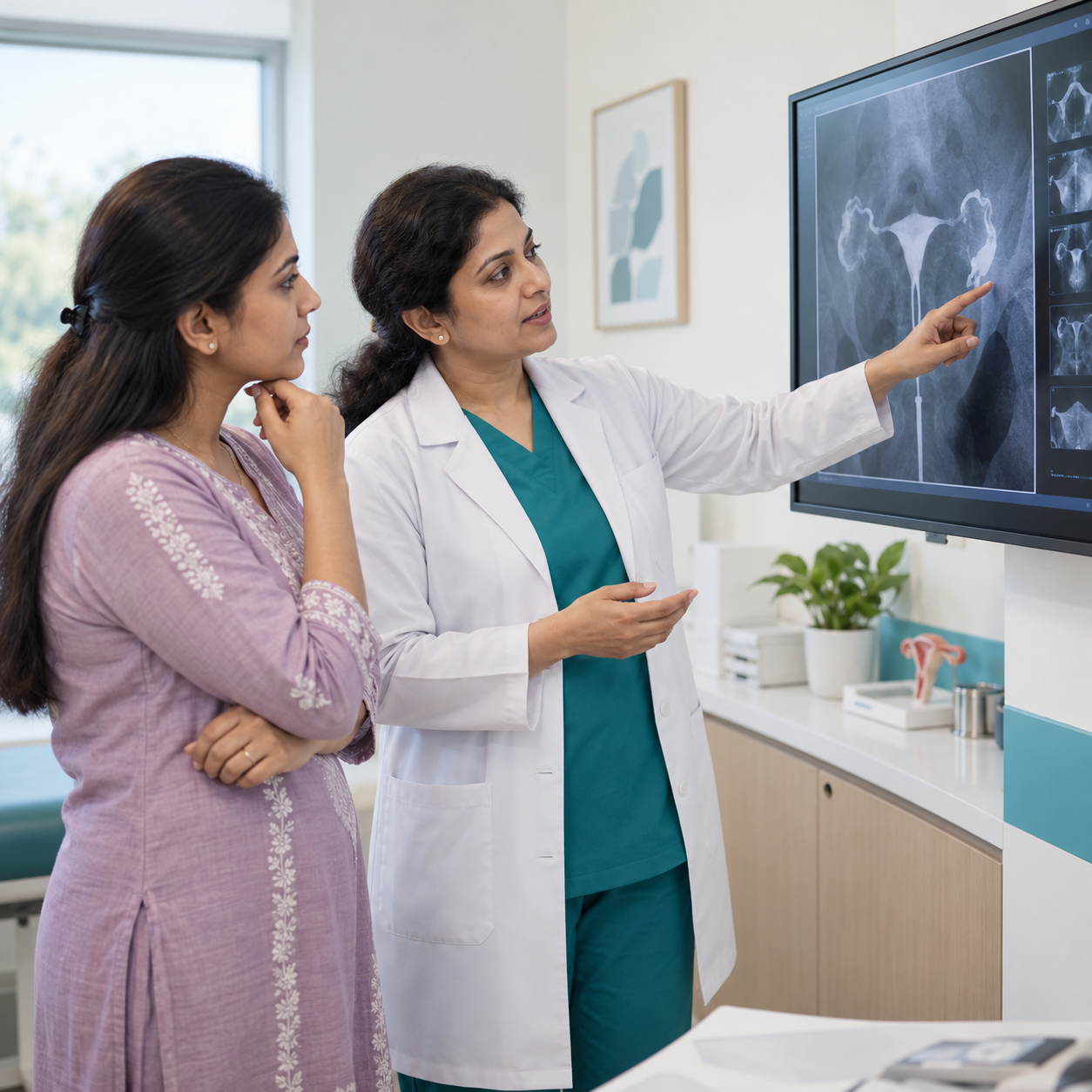 Female doctor explaining an HSG examination to a patient using a medical imaging display.