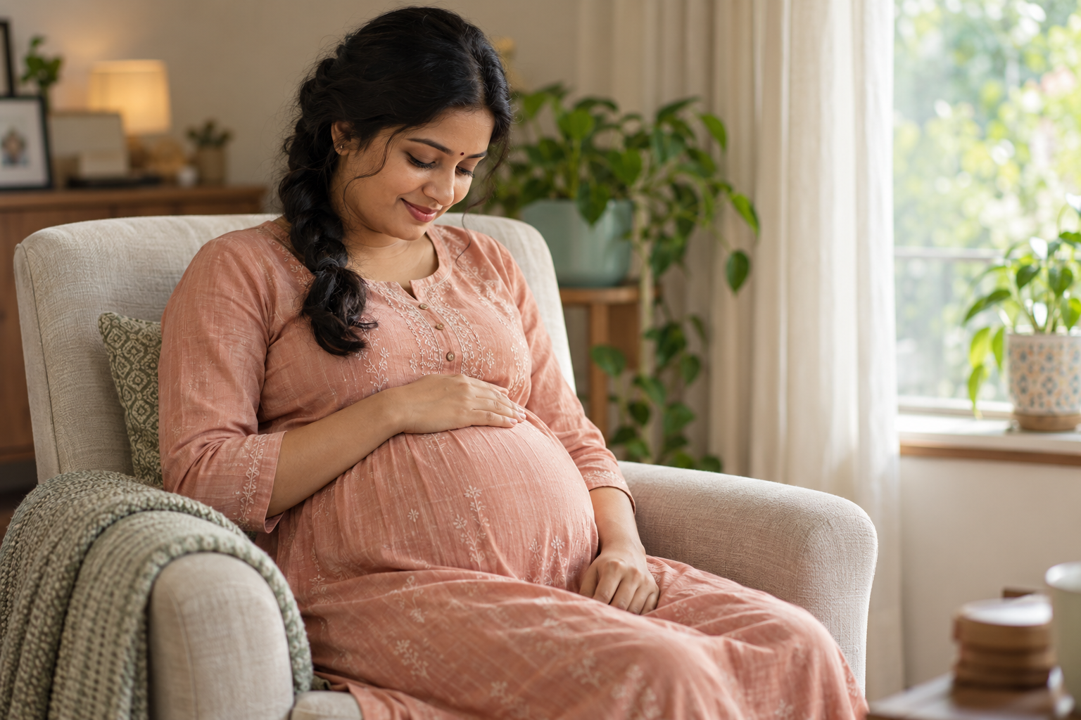 Pregnant woman resting her hand on her baby bump while noticing her baby’s movements at home.